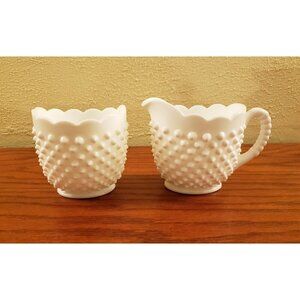 Milk Glass Hobnail Creamer and Sugar Set Scalloped Edge Vintage Fenton 4" EUC